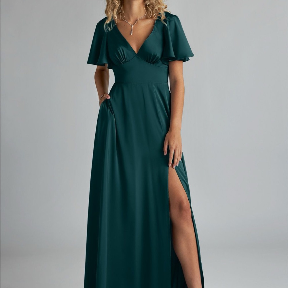 Azazie Pine A-Line Ruched Stretch Satin dress